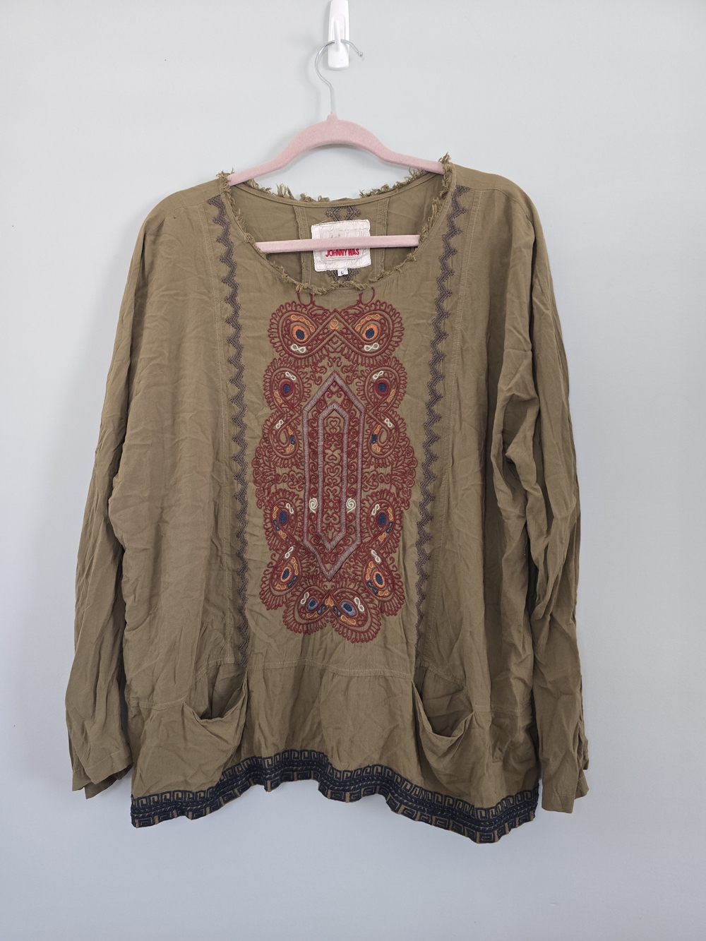 BIYA Johnny Was Olive Embroidered Boho Tunic Top Women’s L FLAWS